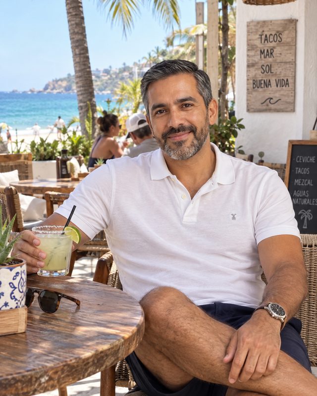 Giovani Gutiérrez con playera blanca en un café frente a la playa
