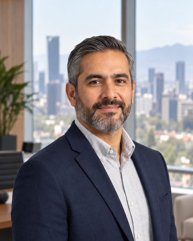 Retrato de Giovani Gutiérrez junto a la ventana de su oficina